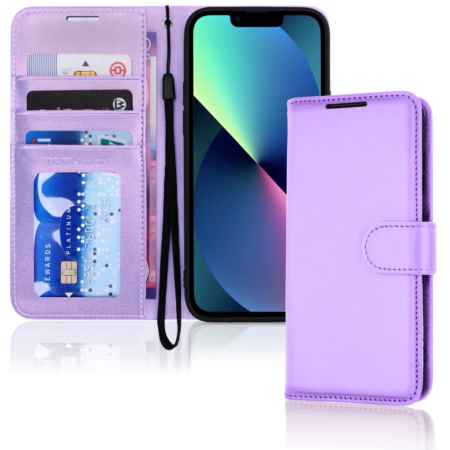 TECHGEAR iPhone 13 Leather Wallet Case, Flip Protective Case Cover with Wallet Card Holder, Stand and Wrist Strap - Purple PU Leather with Magnetic Closure for iPhone 13 6.1"