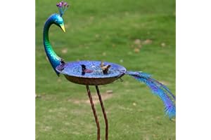 HLQMFHT 12.8" W*38.2" H Peacock Bird Baths for Outdoor, Metal Bird Feeder Seed Trayr,Bird Bath Drinker Plate, Garden Lawn Yard Decor(Multicolor)