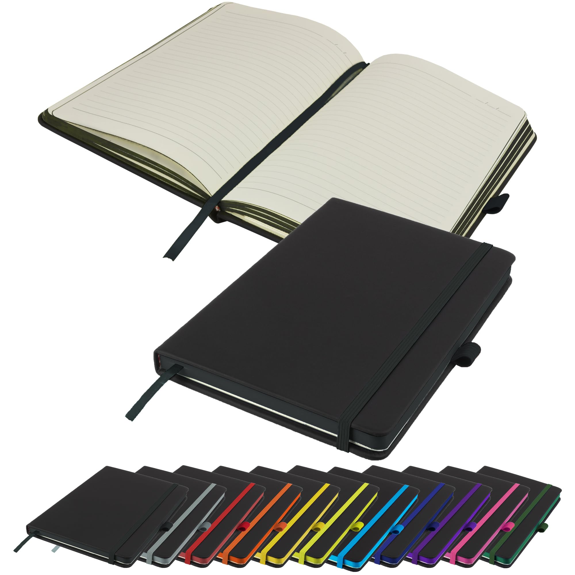 Savvy Bee Executive Contrasting paper edge A5 Notebook New Lined Hardback Journal with pen loop, elastic, ribbon, paper pocket & 196 pages Notepad Note Book Notes Diary Pad (Black)