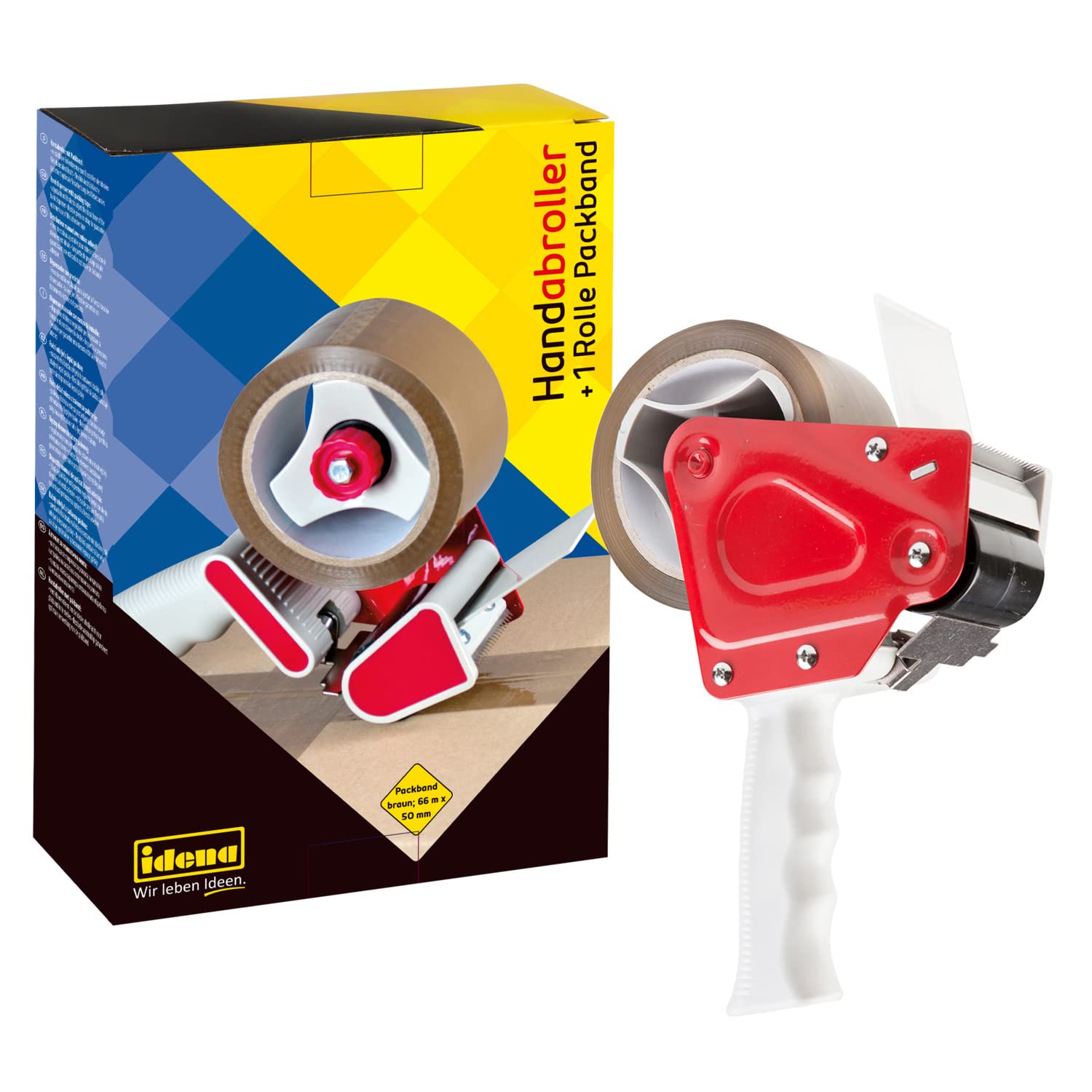 Idena 631049 Parcel Tape Dispenser Set, Hand Dispenser for 66 m x 50 mm Packing Tape, Includes 1 Roll of Low-Noise Packing Tape, Brown