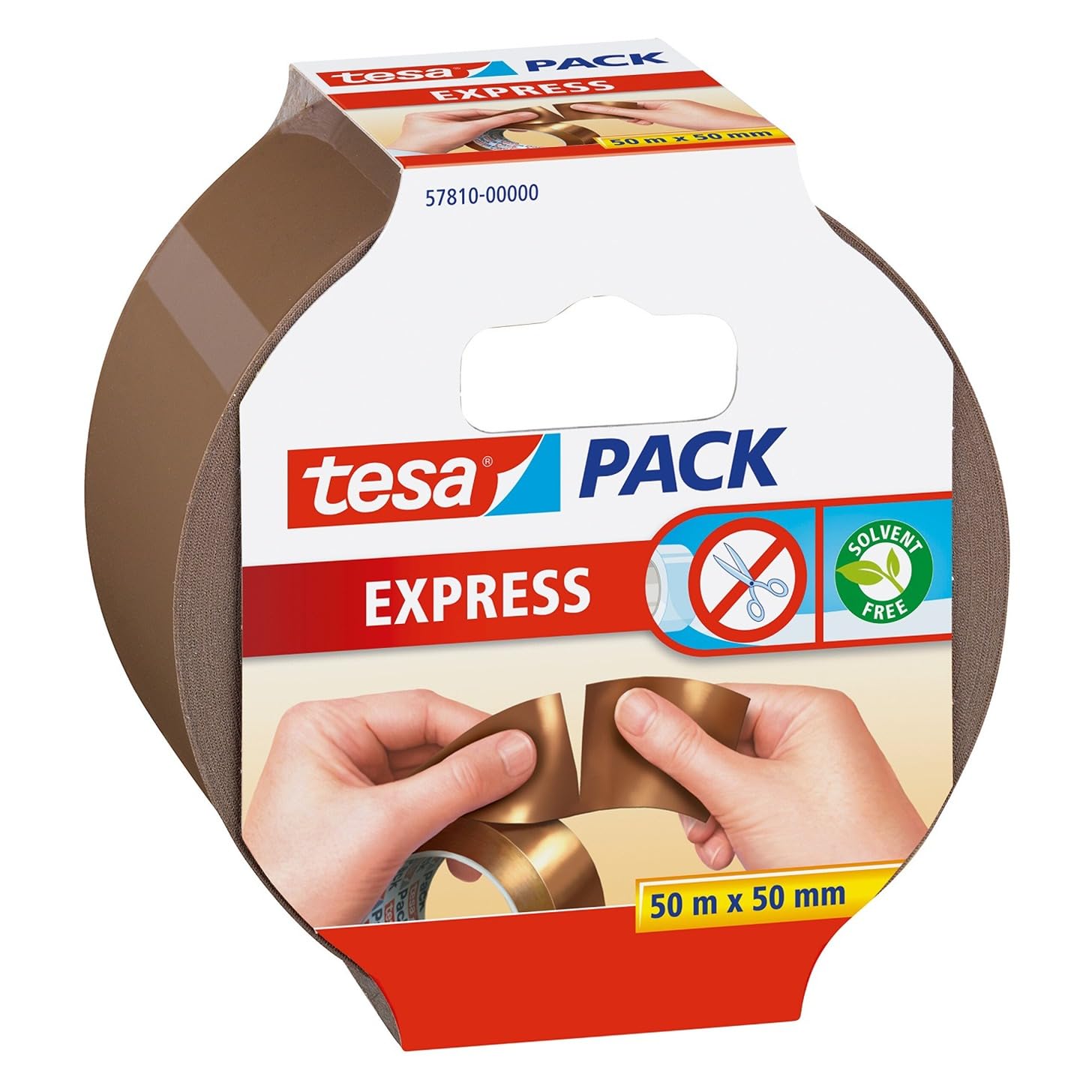tesa Pack EXPRESS Packaging Tape - Hand Tearable Self-adhesive Roll for Fast Packaging of Parcels and Gifts - 50 m x 50 mm - Brown