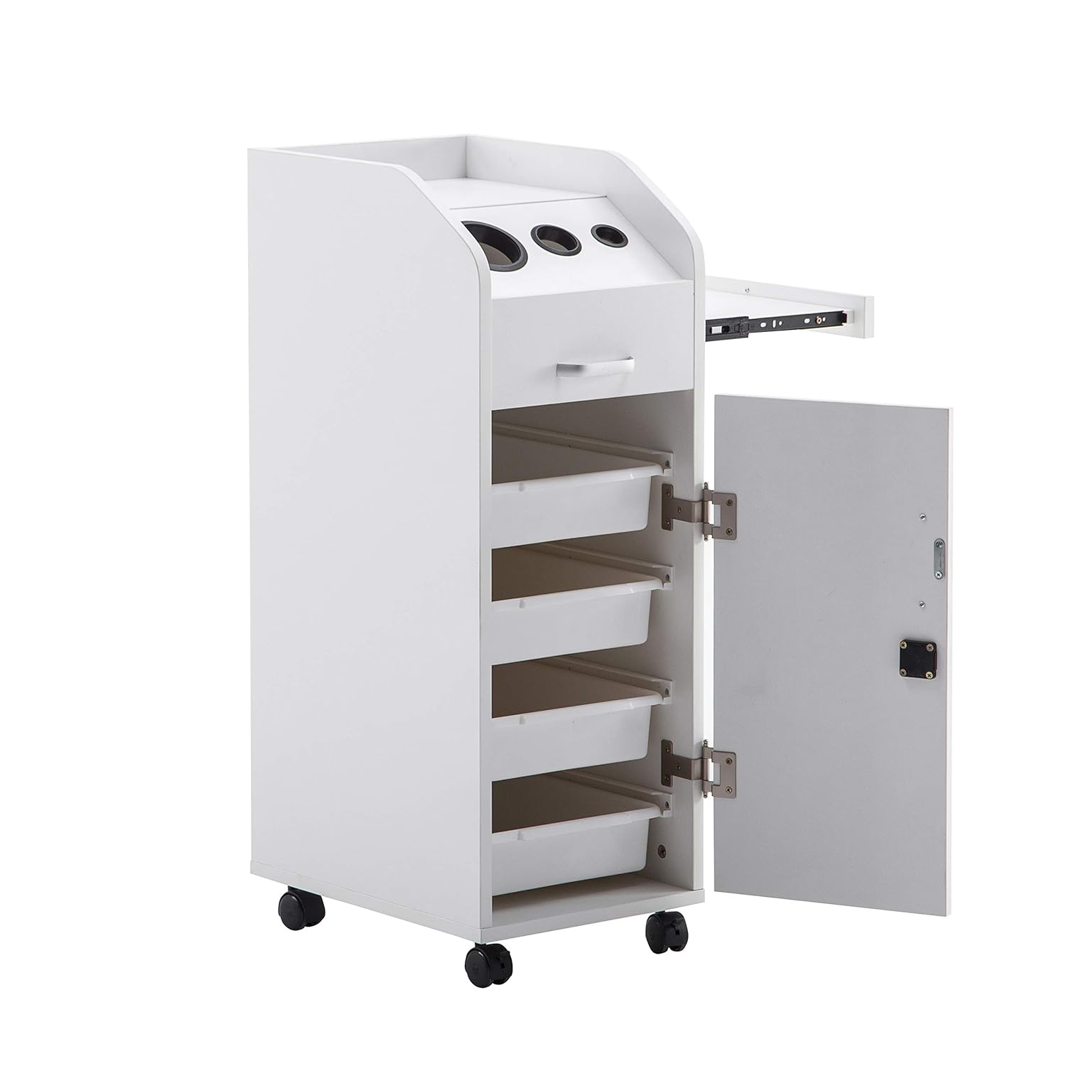 BarberPub Beauty Salon Trolley Storage Cart Hair Dryer Holder Stylist Equipment with Lockable Rolling Wheels, Drawer (White): Beauty