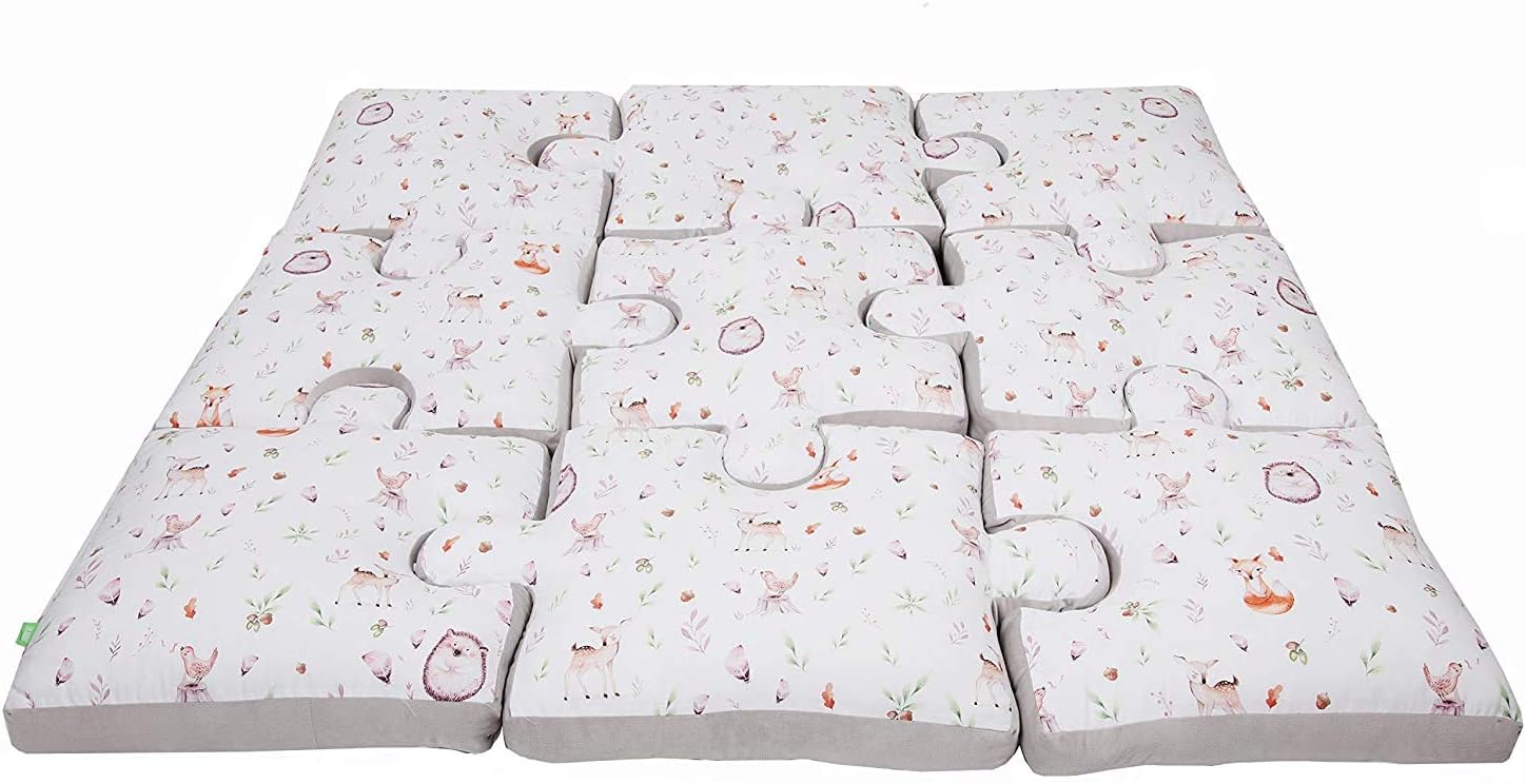 LULANDO Play mat puzzle from the Art Collection series, 145 cm x 145 cm x 9 cm (+/- 2 cm), set of 9 cushions, high material quality, 100% cotton (forest)