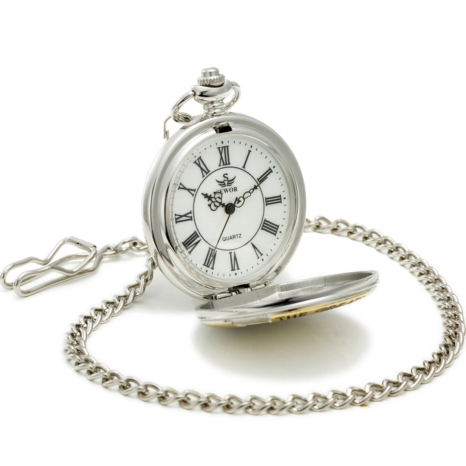 SEWOR Family Gift Beautiful Case Shell Dial Japanese Quartz Pocket Watch with Double Chain (Metal & Leather) (White Dad)