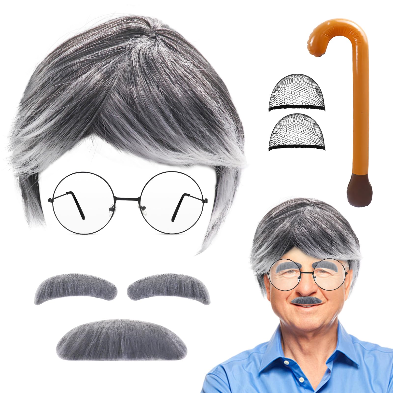 GLGHMH 7 Pcs Old Man Costume Accessories,Grandpa Costume Set including Wig Gray Mustache Eyebrow Inflatable Cane Glasses,Grandfather Fancy Dress For Halloween Cosplay Retro 80s Party