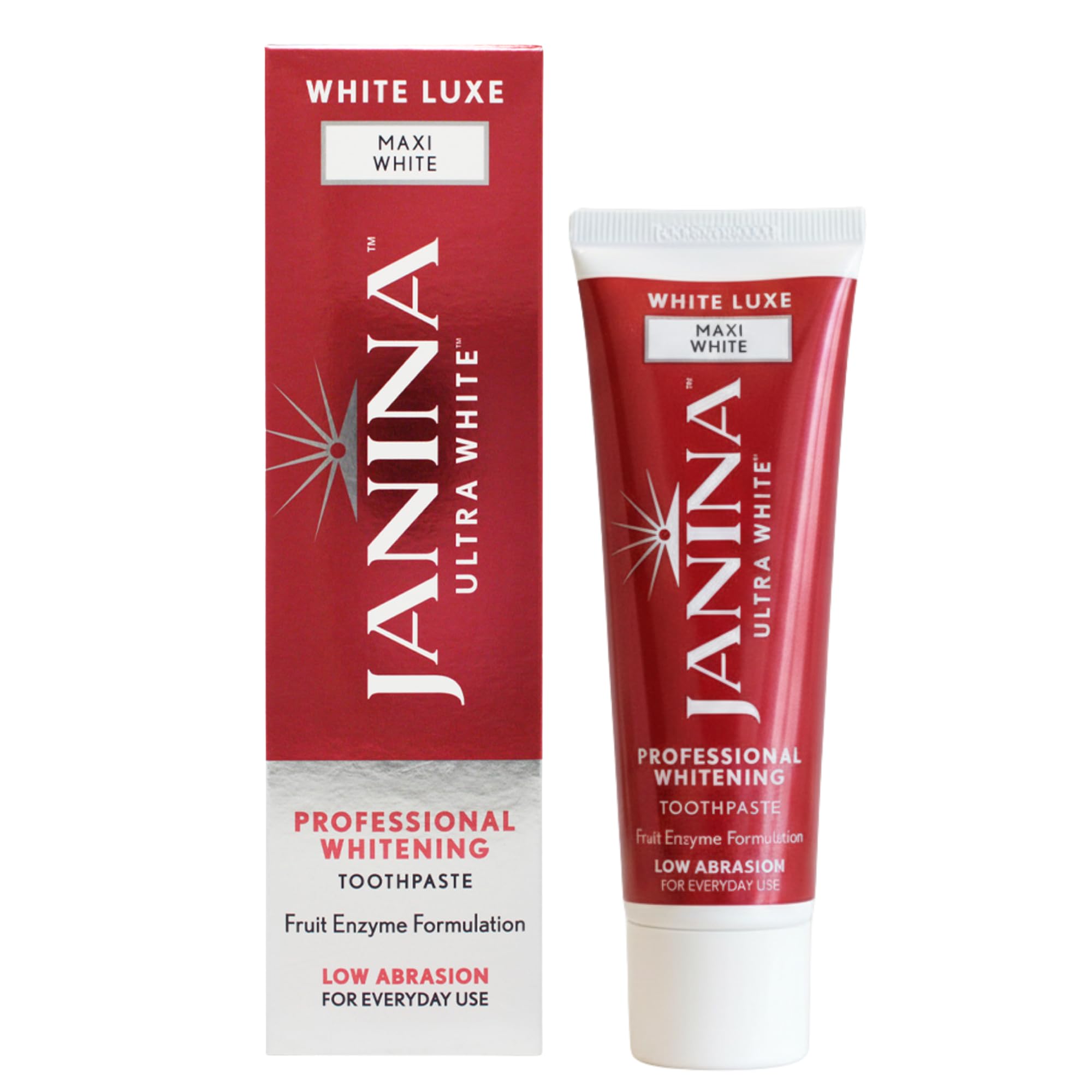 Janina Ultra White 75ml White Luxe Maxi White Toothpaste | Natural Fruit Enzyme Whitening | Low Abrasion Formula | Stain Removal & Plaque Control | Vegan & Cruelty Free