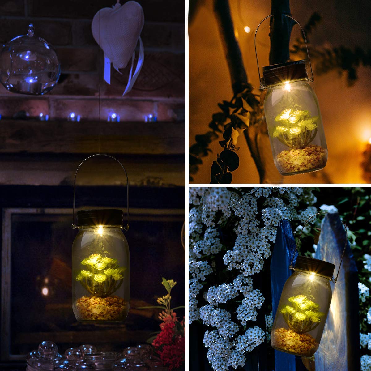 jiabang Solar Powered Lantern Mason Jar Solar Lights Artificial Succulent Hanging Glass Terrarium DIY Kit Glass Planter Solar LED for Garden Outdoor | Night Lamp for Bedroom Nursery Bathroom