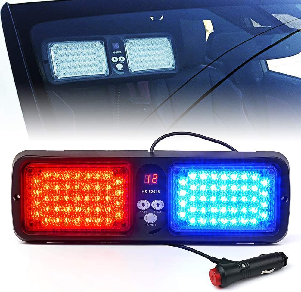 Xprite Red Blue 86 LED SunShield Sun Visor Emergency Strobe Lights 12 Flash Modes Hazard Police Warning Light for Law Enforcement Vehicle