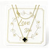 zofanvo Four Leaf Clover Necklace 18K Gold Plated Lucky Clover Necklace for Women Black Flower Lucky Pendant Trendy Valentine's Day Wedding Gifts for Women-Love You Card
