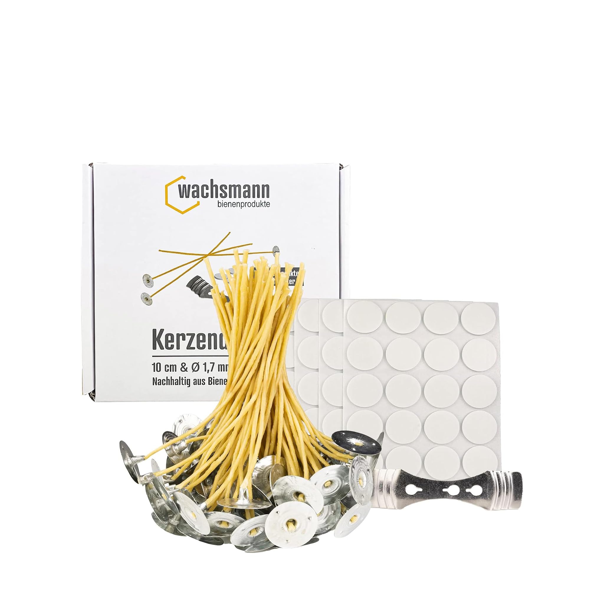 Candle Wicks Paraffin Free | Sustainable Made from Beeswax and Hemp | 100 Wicks Waxed with Base | Set with Adhesive Dots and Wick Holder | Various Lengths and Diameters.