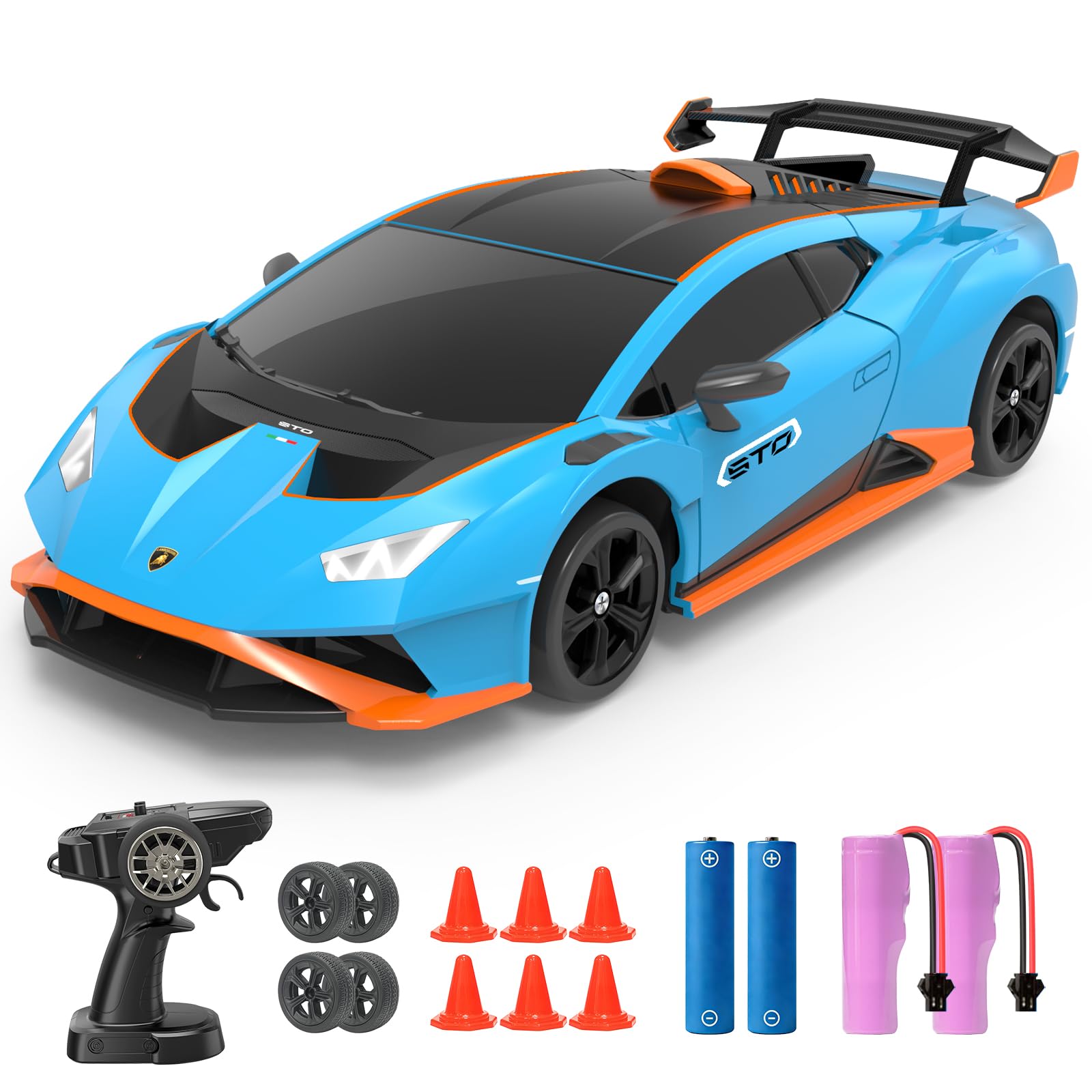 YONCHER RC Drift Car, Remote Control Car for Kids Lamborghini Officially Licensed, 1:24 20KM/H 4WD RC Cars with Lights, Fast Racing Toy Car for Boys Girls, Blue — image 1