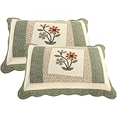 vctops 2-Piece Elegant Floral Patchwork Pillow Shams Queen Size 100% Cotton Quilted Decorative Pillow Shams Set (Green,20"x28")