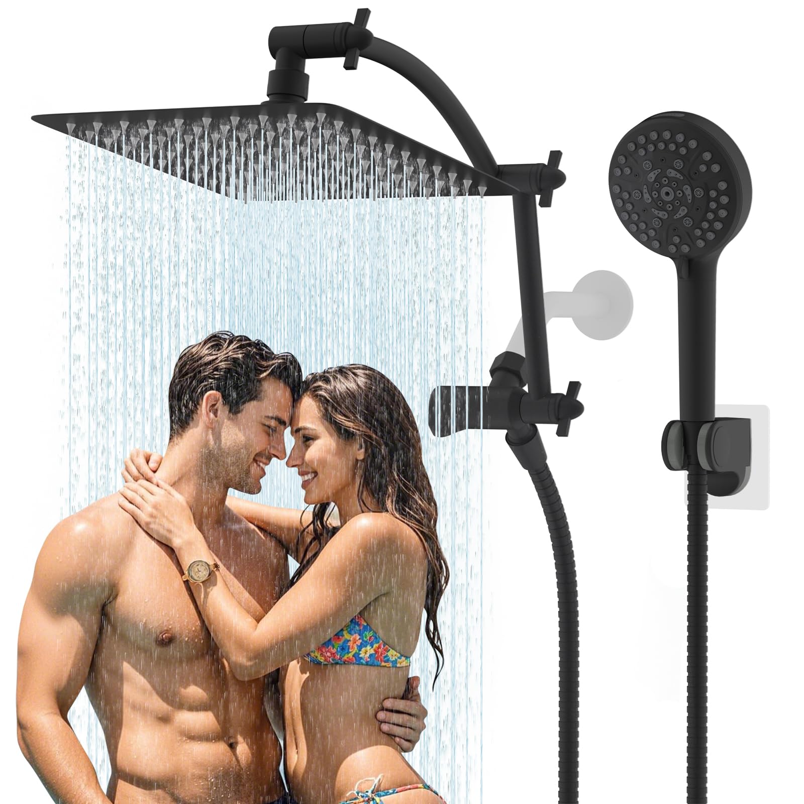 Photo 1 of Hibbent All Metal Shower Head, 12'' High Pressure Rain Shower Head/Handheld Showerhead Combo with 16'' Adjustable Arc-shaped Extension Arm, 10 Sprays, 71'' Hose, Showerhead Holder, Matte Black