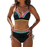 popvil High Waisted Bikini Sets for Women Tummy Control Swimsuits Neon Two Piece V Neck Drawstring Bathing Suits 2026