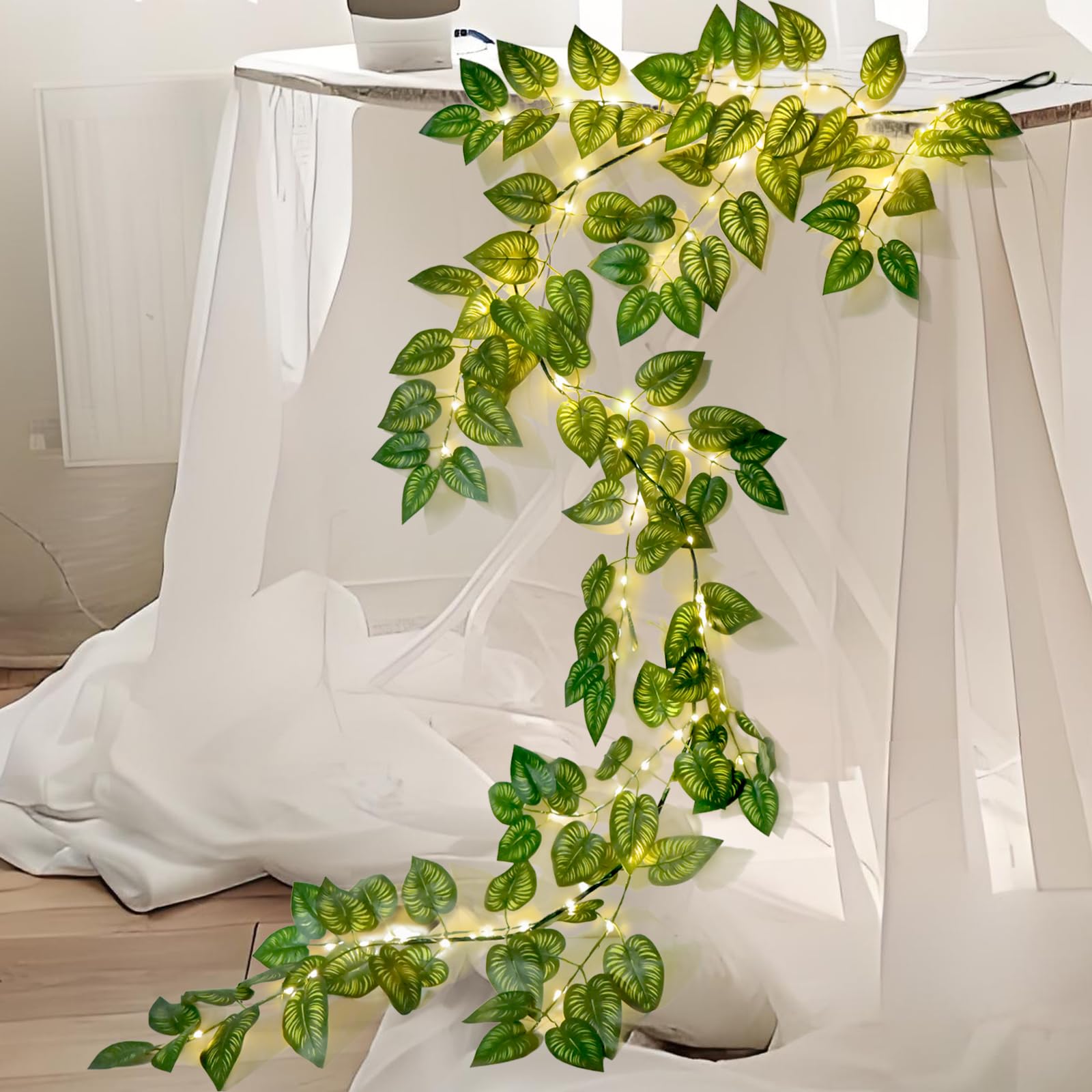 Photo 1 of 6.56FT Green Vines Garland with Lights 96 LED Battery Operated with Timer Faux Photos Vines Twig with Lights Spring Garlands Decortions for Mantel Fireplace Table Wall Patio Wedding Holiday Home Decor