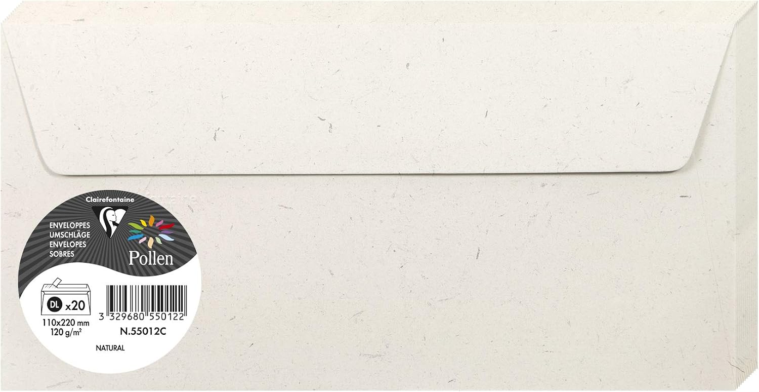 Clairefontaine 55012C 100% Recycled Paper Pack of 20 self-adhesive envelopes DL 11x22cm 120g Natura paper Event invitations correspondence Pollen range Premium