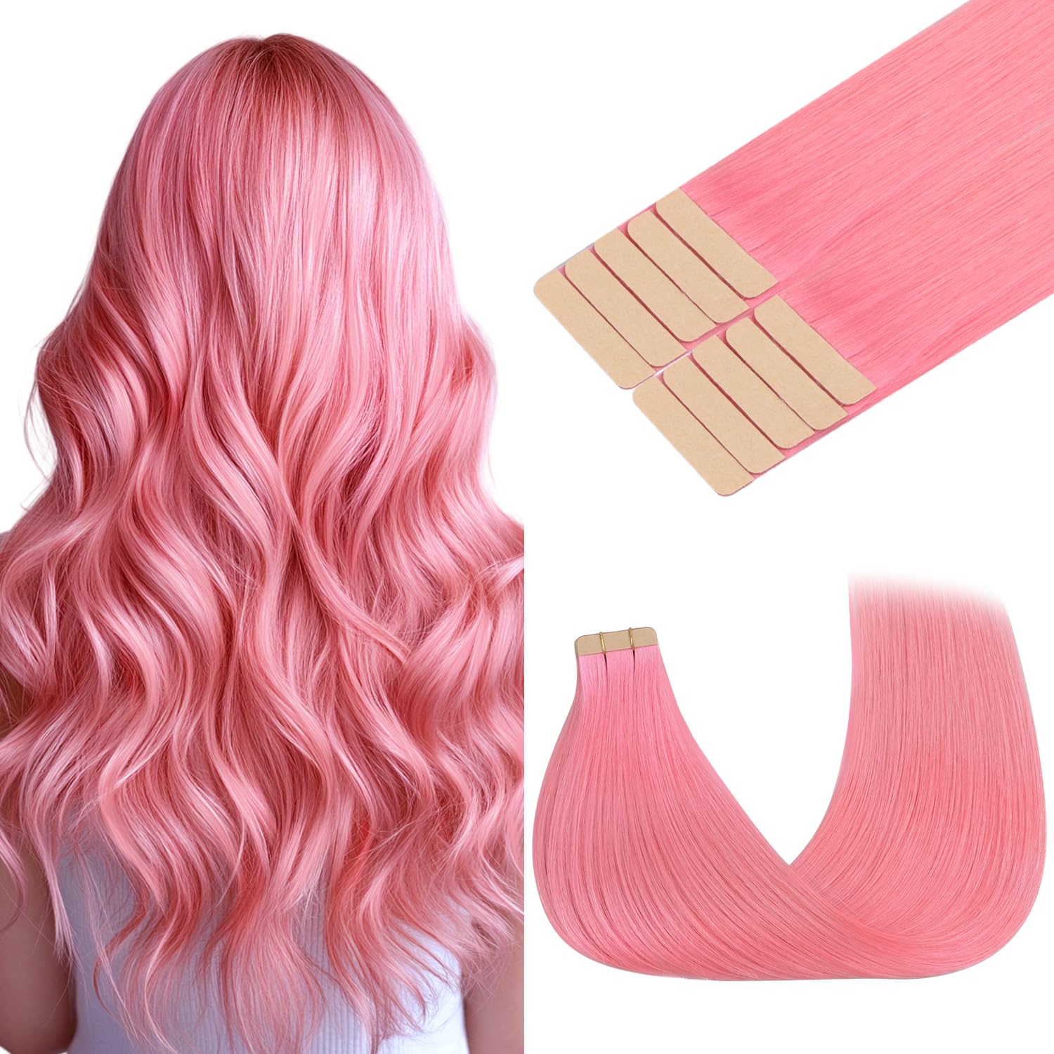 GOO GOO Tape in Hair Extensions Human Hair, Peach Pink 10pcs 30g 20inch, Colored Tape ins Human Hair Extensions, Silky&Soft Invisible Tape Ins, Straight Remy Hair Highlighted for Party — image 1