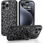 Jefonha Compatible with iPhone 15 Pro Case with Finger Hand Strap Kickstand, Trendy Cool Leopard Cheetah Print Phone Case for Women Men, Full Camera Protection Shockproof Protective Cover, Black