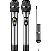 TONOR Wireless Microphones, 60 m/200ft UHF Dual Cordless Metal Dynamic Mic System with Receiver, Microfonos Inalambricos Professional for Karaoke Singing, Wedding, Party, Speech, Church, TW630 Silver