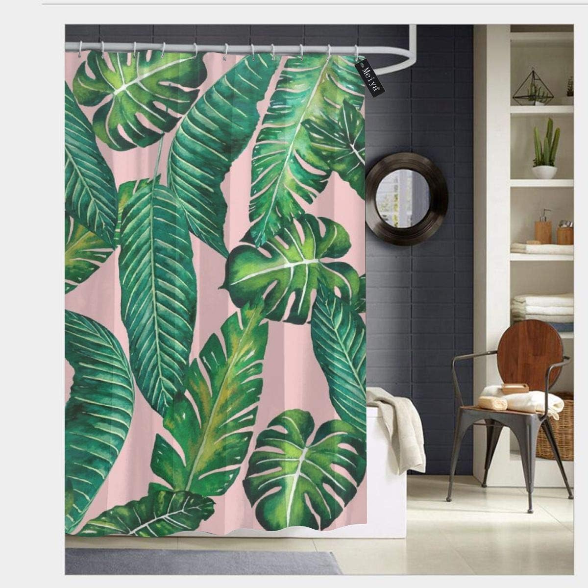 Amazon Com Puloa Jungle Leaves Banana Monstera Pink Shower Curtains With 12 Hooks Bathroom Curtain 72 X 72 Home Kitchen