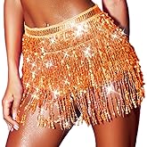 REETAN Sequin Tassel Belly Dance Skirt Fringe Sparkly Rave Valentine's Day Wrap Skirts for Women