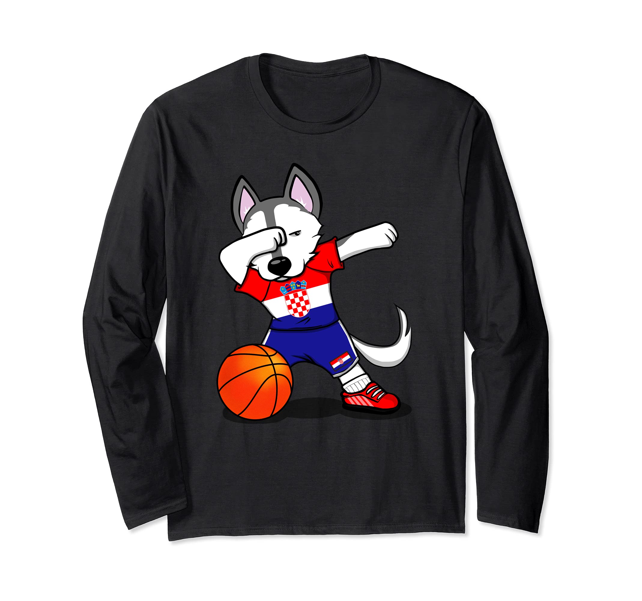 Dabbing Husky Croatia Basketball Fans Jersey Croatian Flag Long Sleeve T-Shirt
