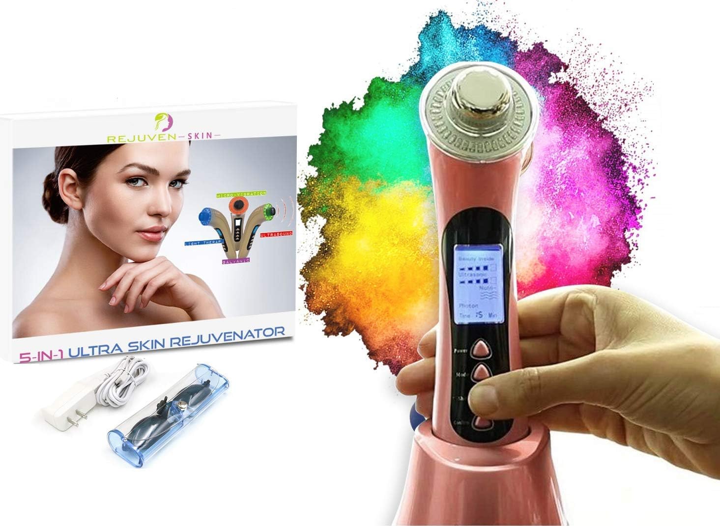 Rejuven Skin 5-in-1 Anti aging facial toning device combining Galvanic, LED Light therapy, Wave and Microvibration to reverse aging, tighten skin. reduce fine lines and wrinkles