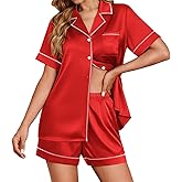 Ekouaer Womens Satin Silk Pajamas Set Short Sleeve Sleepwear Button Down Top and Shorts Loungewear 2 Piece Pjs Set S-XXL