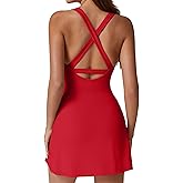 QINSEN Womens Crewneck Criss Cross Open Back Tennis Dress Sleeveless Built in Shorts Golf Athletic Dresses with Pockets