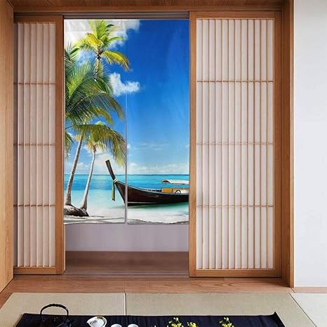 Amazon のれん パームツリーボートビーチオーシャンシーハワイアン 玄関カーテン おしゃれ 和風 暖簾 ロング 断熱 遮光 四季兼用 ドア ベランダ 勝手口 のれん オンライン通販