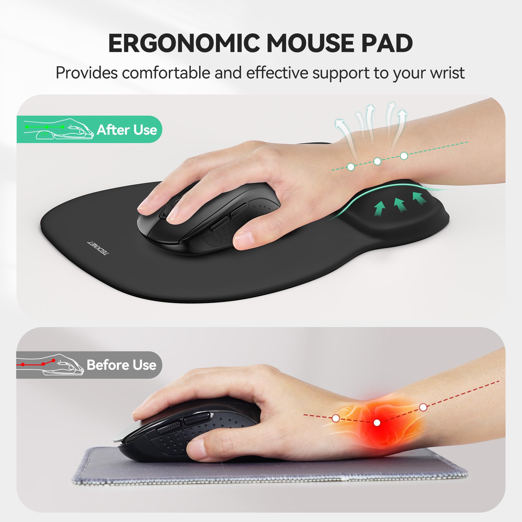 TECKNET Mauspad mit Gelkissen, Ergonomisches Mousepad mit Handauflage, Glatter Handgelenkstütze zur Schmerzlinderung, rutschfeste PU-Basis, Komfort Mauspad für Büro Home und Gaming 2
