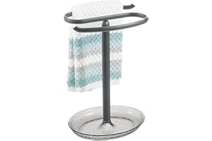 mDesign Steel Fingertip Towel Rack Stand with Base Tray - Towel Holder, Towel Bar for Bathroom, Kitchen, Powder Room - Holds Hand Towel, Washcloths - Rain Collection - Light Gray/Charcoal Gray