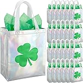 HunnmingRe 49 Pcs St Patrick's Day Gift Bags Bulk Set 24 Clover Treat Tote Bag Irish Shamrock Non Woven Bags 25 Tissue Paper for St Patrick's Party Favors (9.84 x 7.87 x 3.94 Inches,Vibrant Colors)