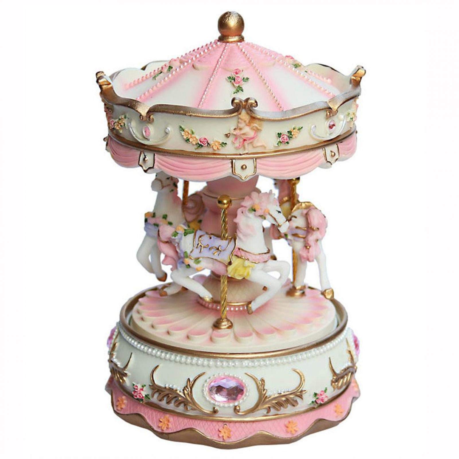 MOVKZACV Music Box Carousel for Girls 3-Horse Windup Rotating Musical Gift Daughter Birthday Christmas Festival Music Box Artware (Pink)