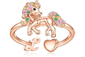EXQUJEW Unicorn Initial Rings for Teen Girls, Rose Gold/White Gold Plated Heart Initial Rings for Girls Adjustable Stackable Rings for Women Diny Heart Ring for Teen Girls Gifts Unicorns Gifts for Girls