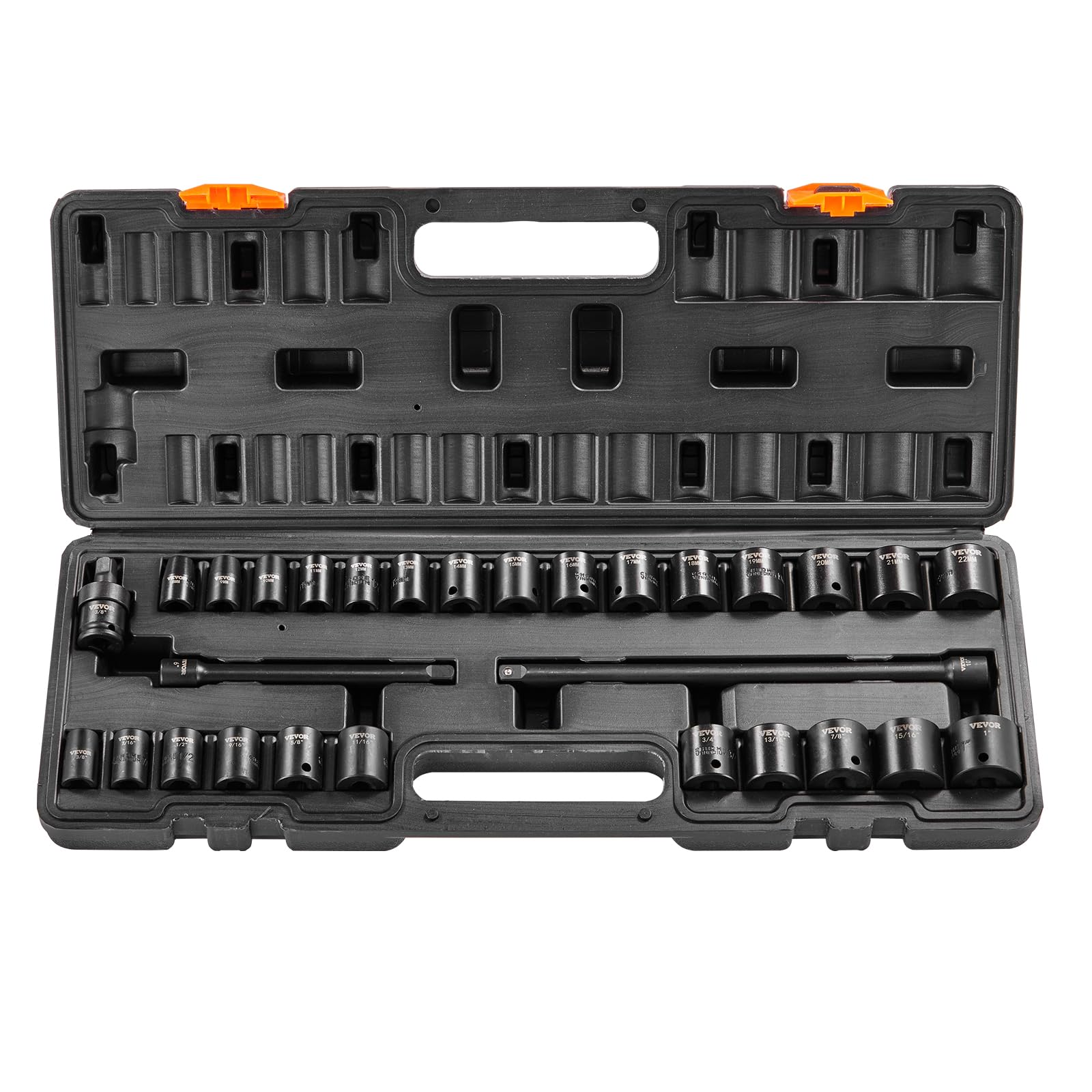 VEVOR 3/8" Drive Impact Socket Set, 29 Piece Shallow Socket Set SAE 3/8"-1" and Metric 8-22mm, 6 Point CR-V Alloy Steel for Auto Repair, Easy-to-Read Size Markings, Rugged Construction, Storage Case