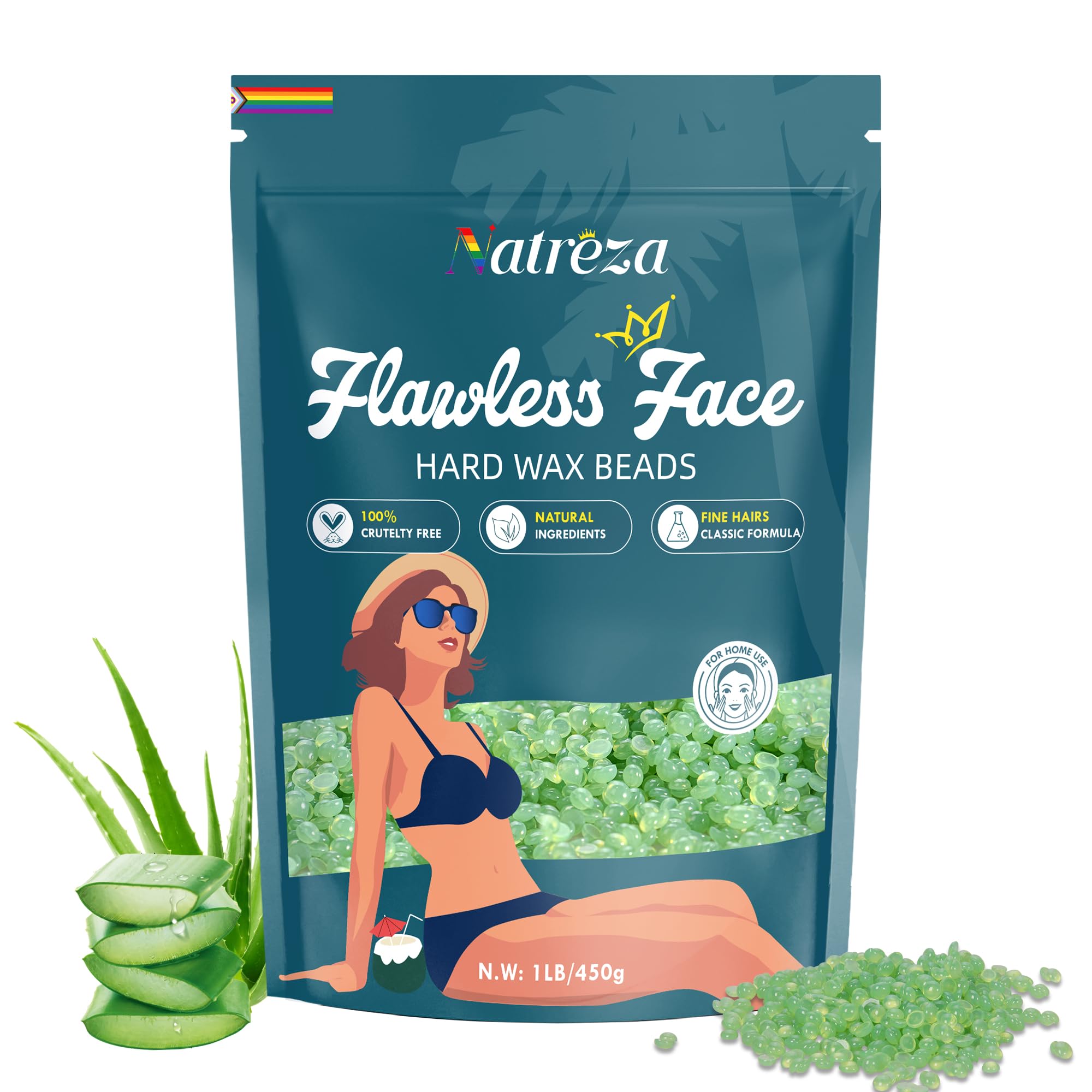 Natreza Hard Wax Beads for Hair Removal, 1lb Hard Wax for Sensitive Skin With Aloe Vera Extract, Formulated for Fine Hairs, Perfect Body Wax for Face Eyebrow Chin Upper Lip Leg Arm Bikini Waxing