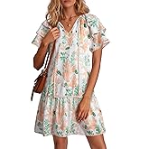 Dokotoo Womens Summer Dresses 2026 Boho Floral V Neck Drawstring Ruffle Short Sleeve Casual A-Line Swing Mini Dress Sundress