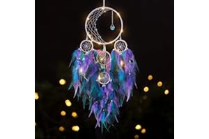 KHOYIME LED Light Up Dream Catcher Half Circle Moon Decor with Lights Handmade Feather Dreamcatchers for Bedroom Bohemian Home Decor Wedding Ornament Craft Gift (Purple&Blue)