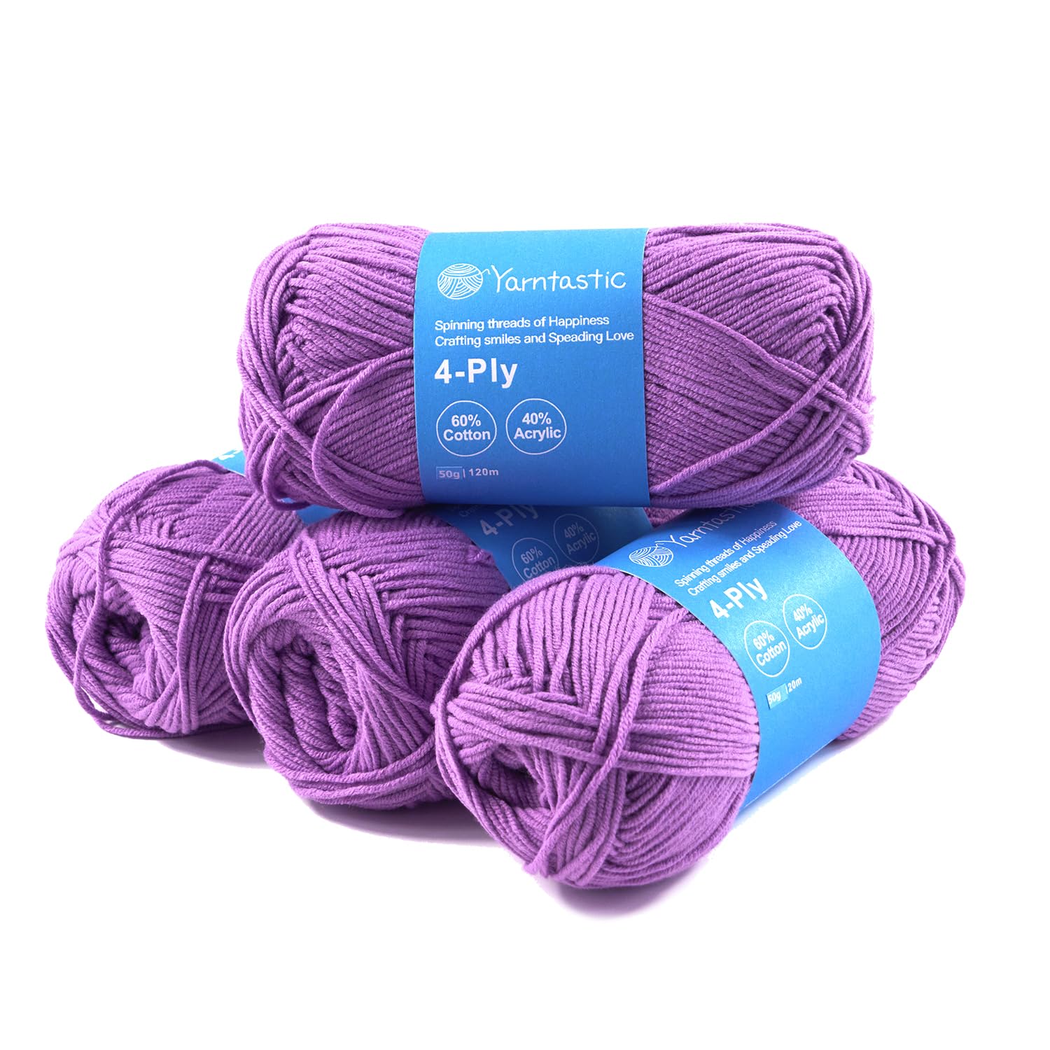 Yarntastic 50g x 4 Balls in a Pack, 4 Ply Yarn, 16 Wraps per inch (About 2.5cm), 60% Cotton 40% Acrylic Blended, 43 Colour Choices; for Knitting, Crochet, Amigurumi, Baby Blanket, Clothing and Others