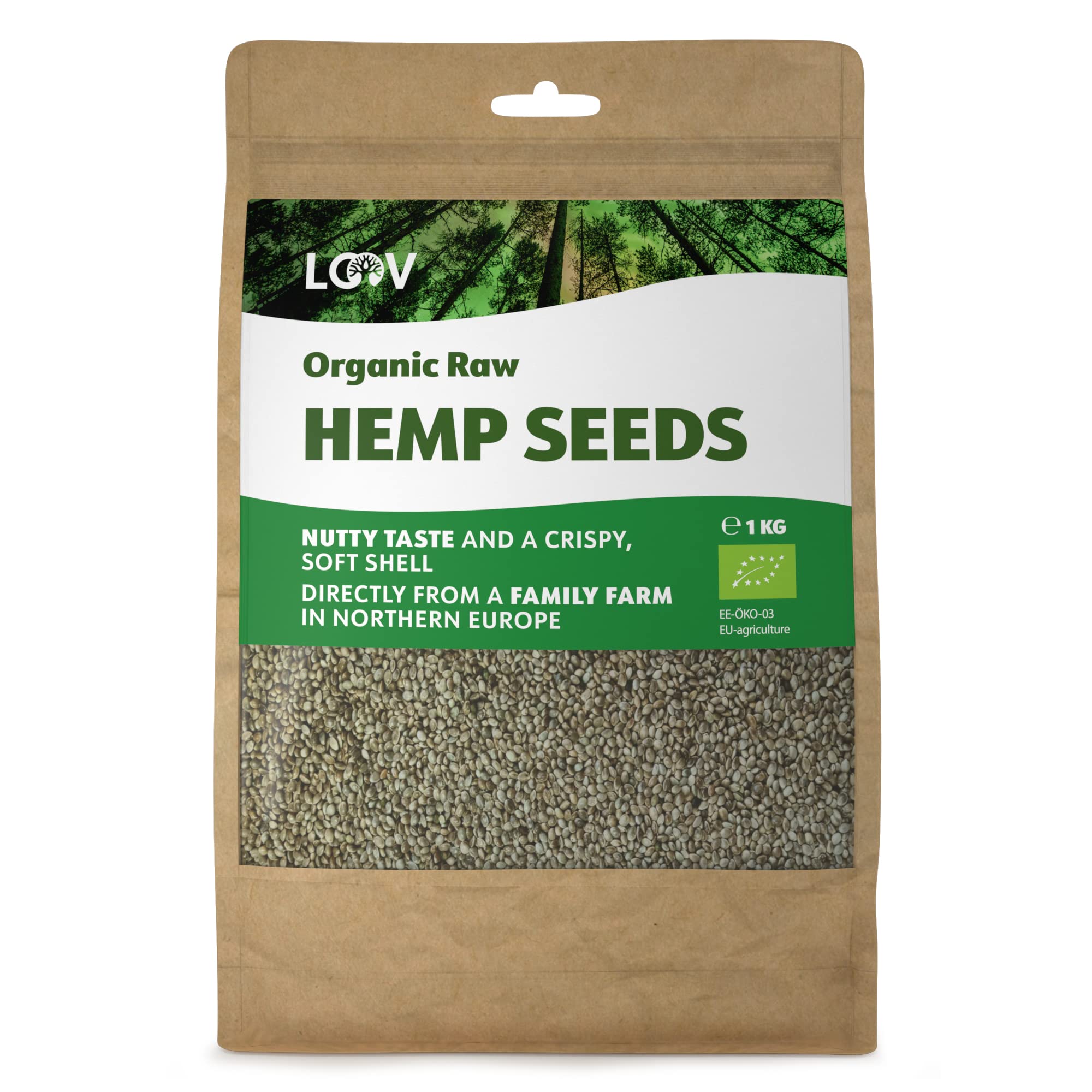 LOOV Organic Raw Whole Hemp Seeds, 1kg, Not Heat-Treated, All Nutrients Preserved, Delicious Nutty Flavour, Organically Grown in a Nordic Climate, Good Source of Plant-Based Protein and Fibre