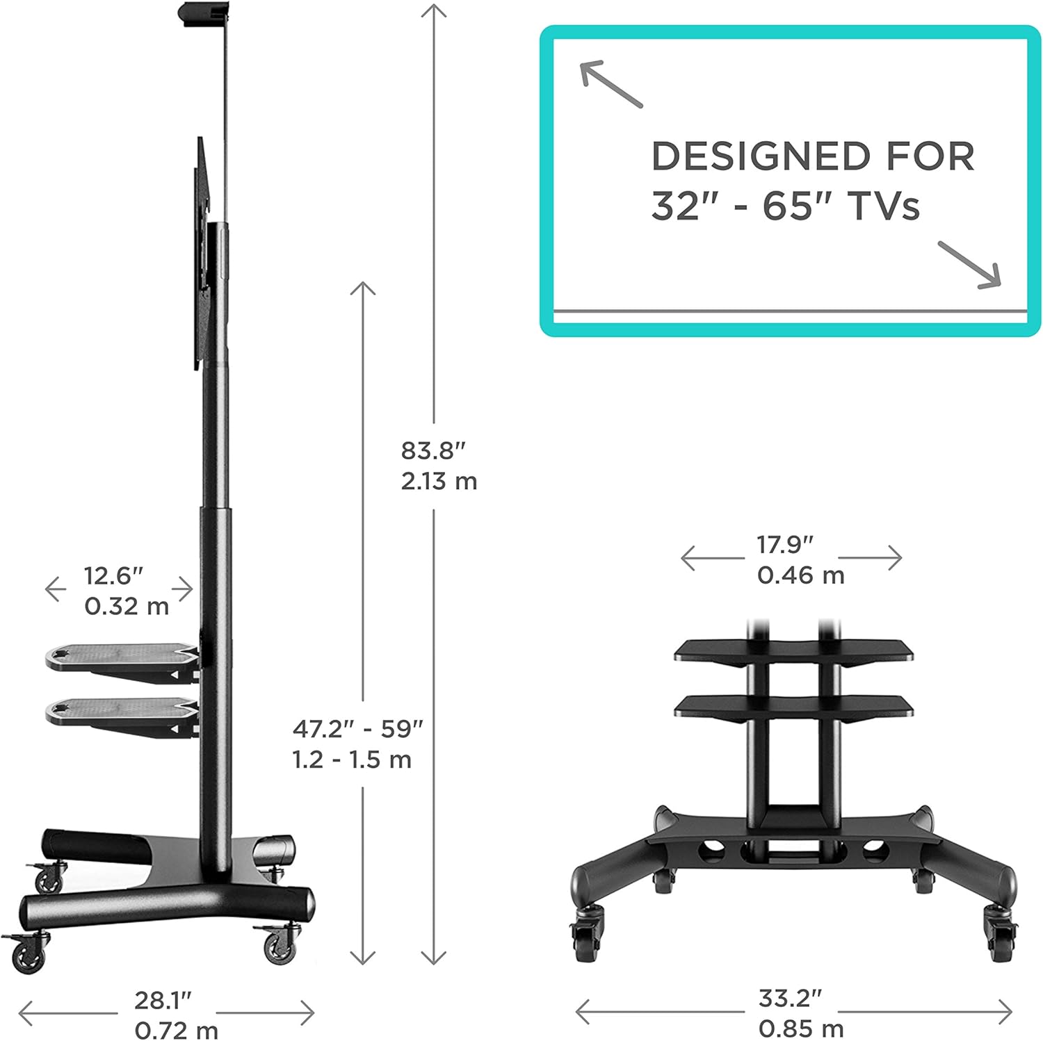 ONKRON Mobile TV Stand TV Cart with Wheels & 2 AV Shelves for 32” – 65 inch LCD LED OLED Flat Panel Plasma Screens up to 100 lbs Black TS1552: Electronics