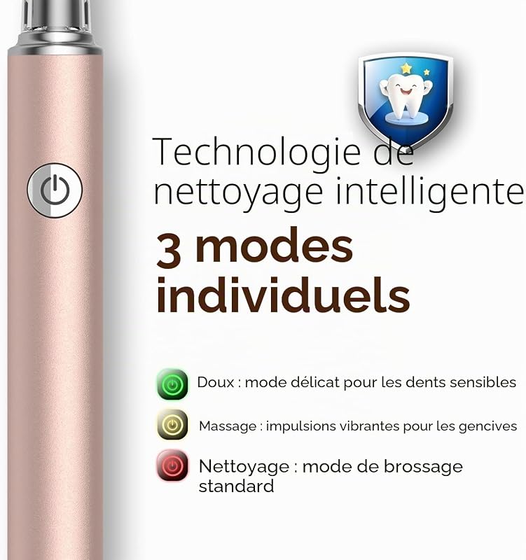 Brosse À Dent Électrique Sonique avec Gratte Langue pour Adulte, 6 Têtes de Brosse, 3 Modes et 40 000 VPM, Charge Rapide 3H 45 Jours, Aspect Métal (Or Rose)