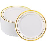 ISFANGCO 50 PCS Gold and White Plastic Plates for 50 Guests,10.25inch Gold Rimmed White Disposable Plastic Plates for Wedding,Party,Birthday,Smooth Edge & Heavy Duty Dinner Plate