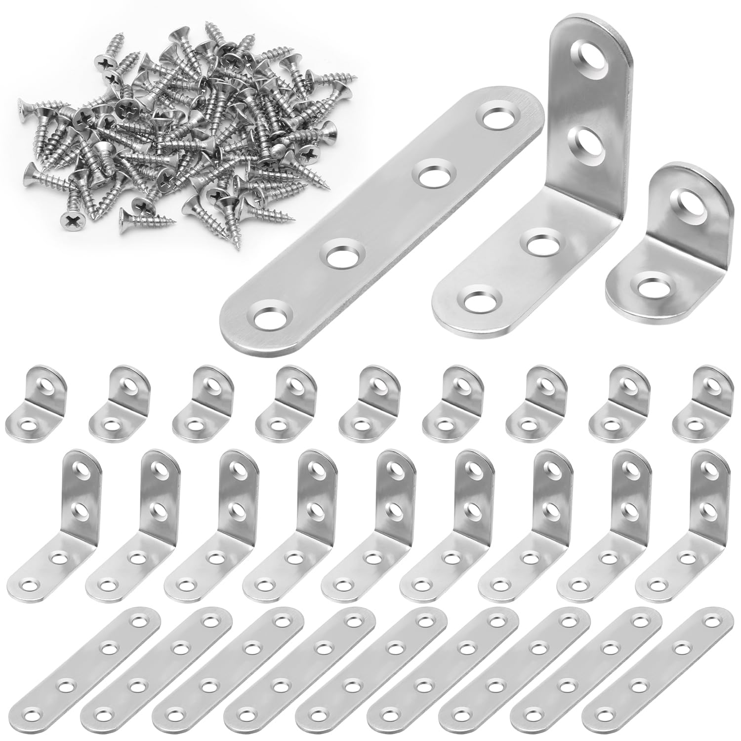 POXIAOER Straight Bracket L Bracket Corner Bracket with Screws Stainless Steel Brackets 30 PCS Metal Brackets for Wood Furniture Shelves Windows and Cabinet (16*20mm 16*40mm 16*76mm)