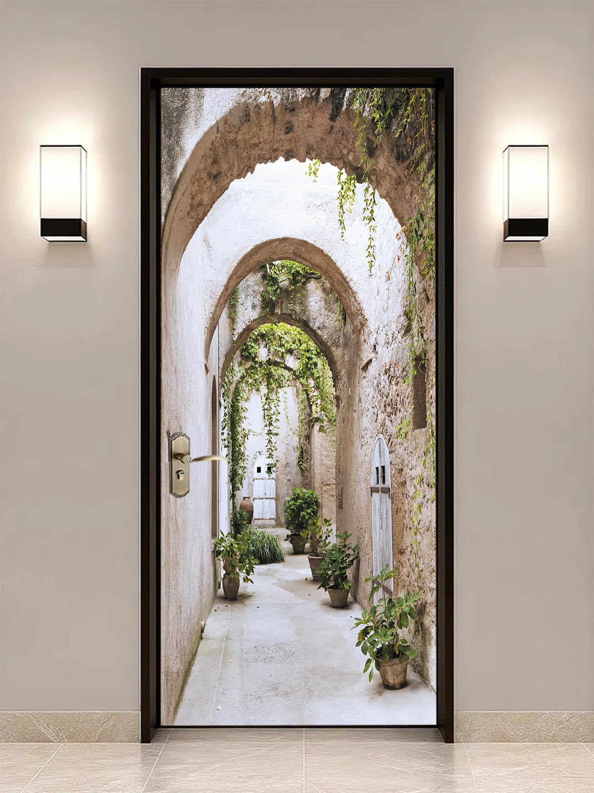 FLFK 3D Arched Pathway to Gardens Door Stickers Peel and Stick 77x200cm,Self-Adhesive Door Wallpaper Poster Wall Murals for Bedroom Decor(2Pcs/Set)