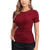 M.Infisavo Women’s Casual Tops with Front Twist Knotted Short Sleeve Round Neck Shirts Basic Trendy Blouses Outfit Slim Fit