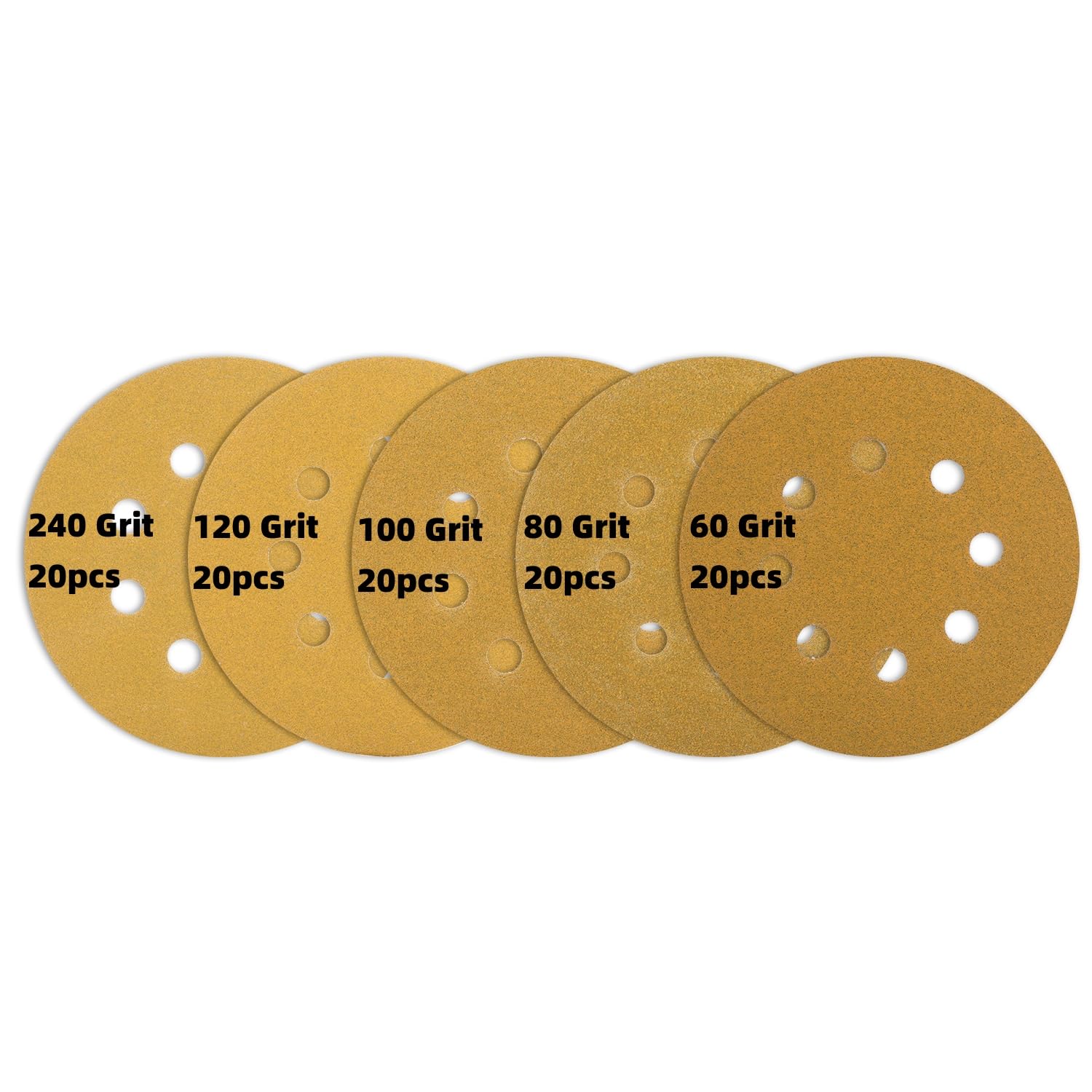 100 pcs Sanding Discs - 5 inch/125 mm, 8 Holes, Hook and Loop Sanding Pads for Random Orbital Sanders,Yellow-60/80/100/120/240 Grit