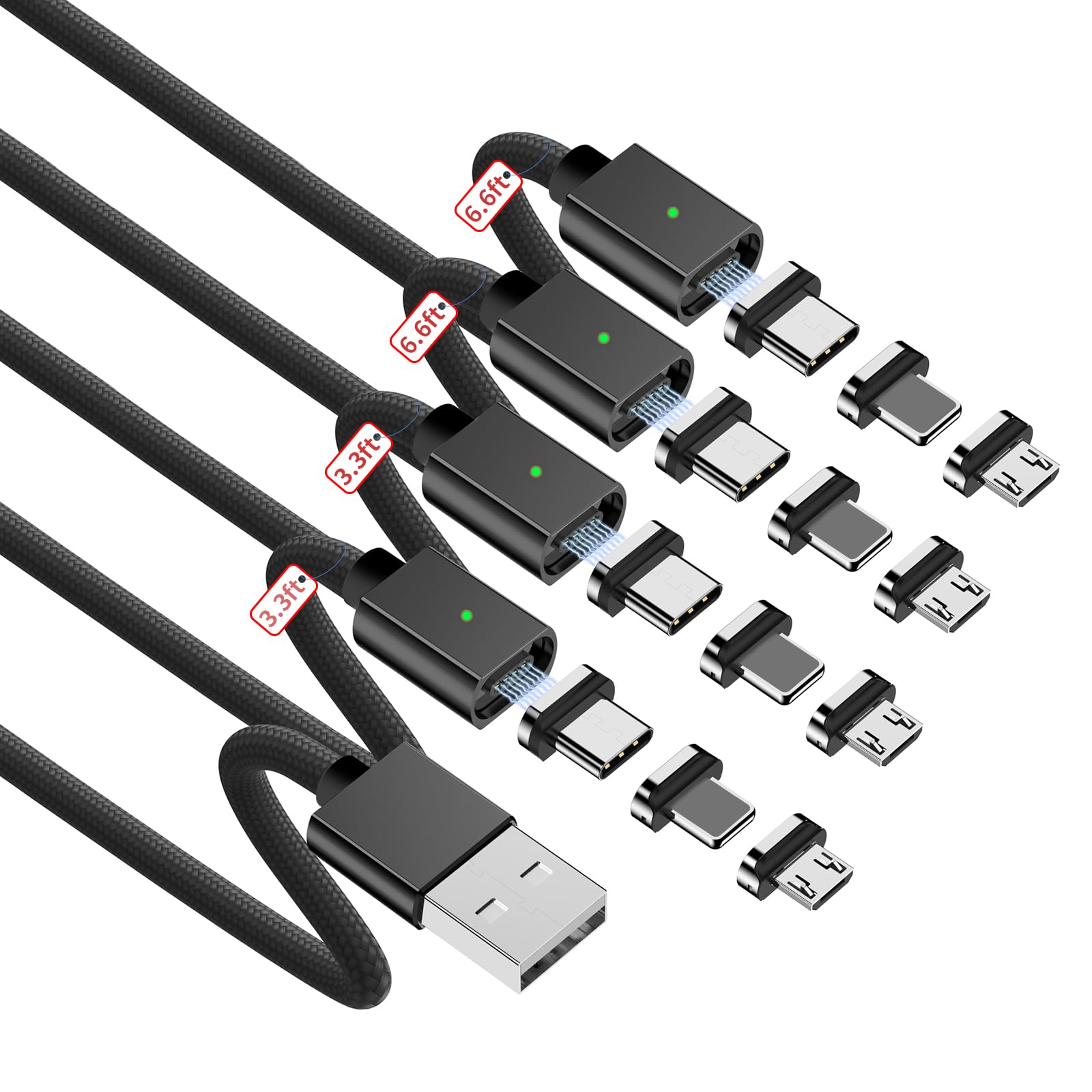 Photo 1 of ZBF Magnetic Charging Cable 3A Fast Charging (4-Pack, 3.3/3.3/6.6/6.6 ft) 3 in 1 Magnetic Phone Charger, 480Mbps Data Transfer, USB A to Type C Charger Cable for USB-C/IproductMicro USB Device(Black)