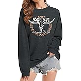 JINTING Western Sweatshirts for Women Rodeo Skull Cow Sweatshirt Long Live Cowgirls Pullover Retro Long Sleeve Shirt